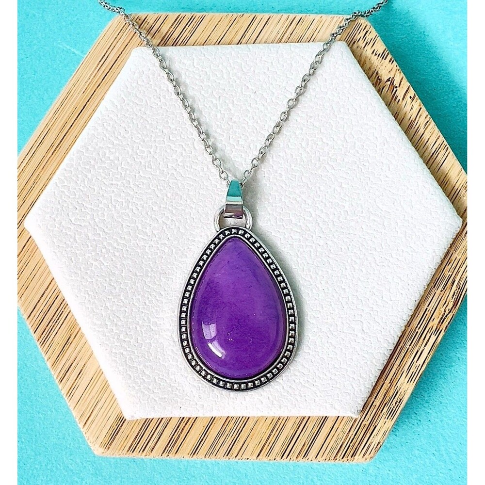 Vintage Purple Amethyst Necklace Teardrop Cabochon Pendant 18in